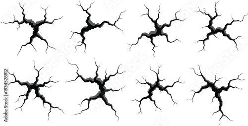 Black cracked earth and broken ground vector set featuring earthquake damage ground holes stone surface textures and realistic wall fracture patterns for design.