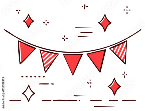 Festive Bunting Garland with Stars and Festive Decorations in Flat Vector Line Style
