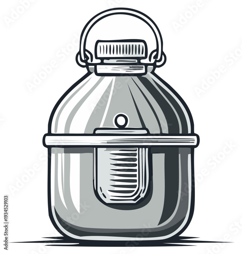 Vintage camping canteen vector illustration, monochrome style.