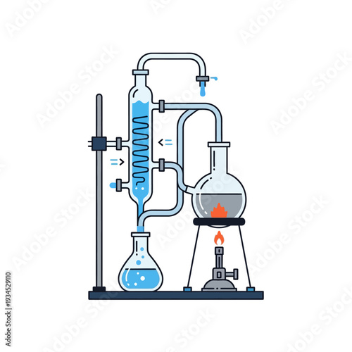 Distillation apparatus with boiling flask, condenser, and receiving flask on a stand