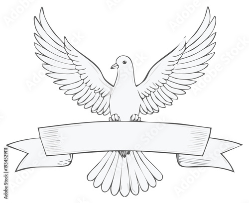 Dove carrying a blank banner, an emblem of freedom, peace, faith, and purity in monochrome drawing.