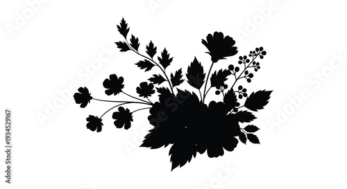 A delicate arrangement of floral shapes and leafy branches is presented in a striking black silhouette high quality