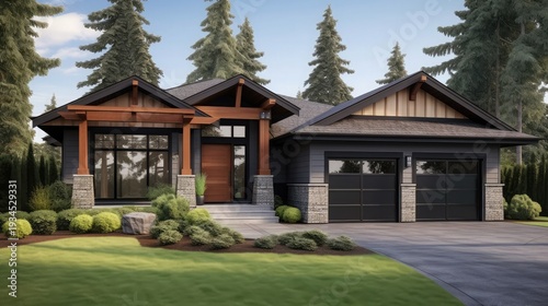 Modern house with wooden accents and stone pillars in a serene natural setting