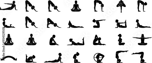 Yoga poses silhouettes set, woman practicing meditation and stretching exercises isolated on white background, flat vector illustration