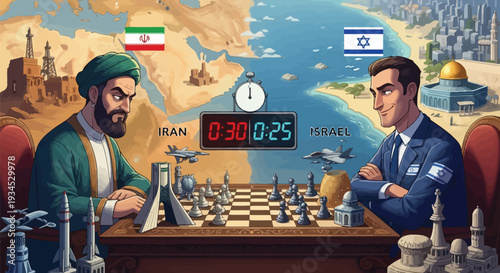 A captivating chess match symbolizing geopolitical tension between Iran and Israel with a desert map background and military elements