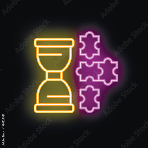 Neon style icon of an hourglass with sand passing through, symbolizing time running out to solve a puzzle represented by jigsaw pieces