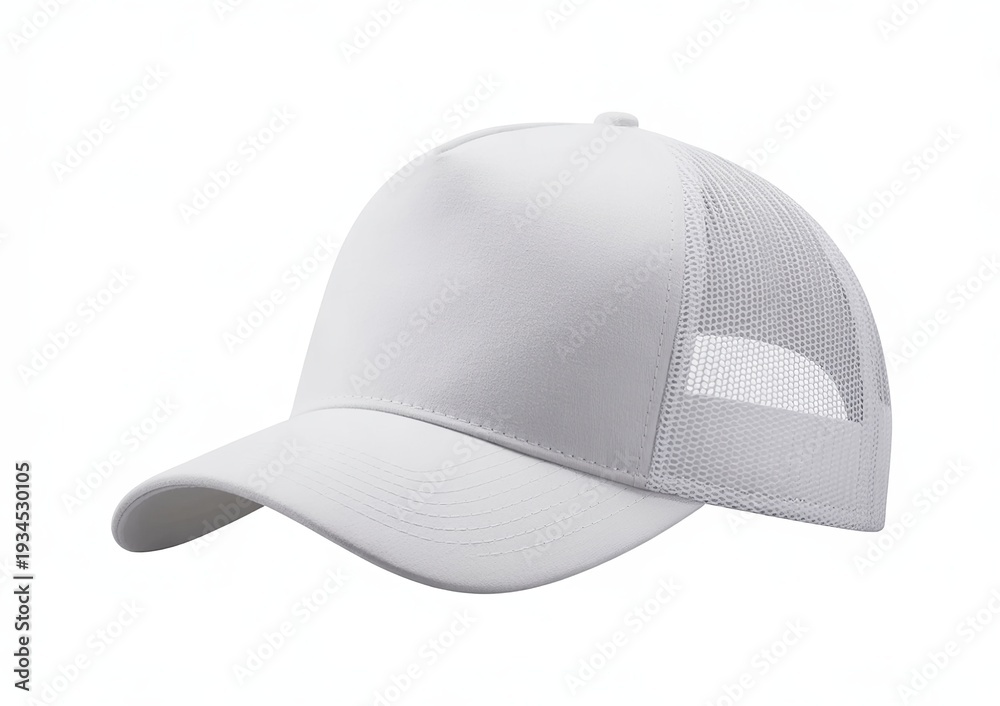 Fototapeta premium White trucker cap with mesh back and curved brim white cap trucker hat