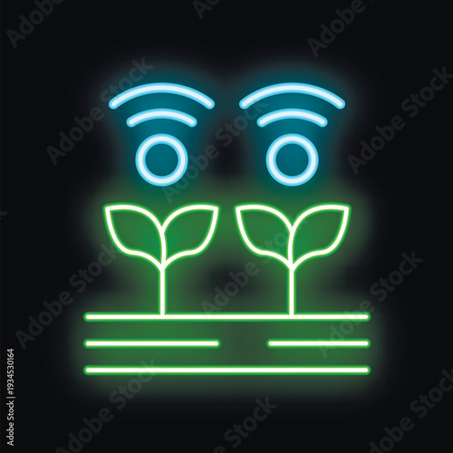 Glowing neon icon representing the concept of smart farming with plants receiving signals