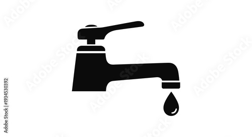 A minimalist depiction of a black faucet with a single droplet presented as a stark silhouette high quality
