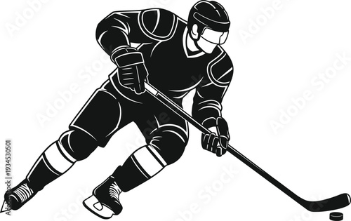 Hockey player silhouette, ice sports vector, dynamic skating illustration, puck control art, athletic action design, black and white graphic icon