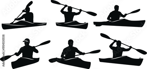 Kayaking silhouette, water sports vector, outdoor activity illustration, paddling technique, adventure graphic, canoeing art, fitness recreation design, black kayak icon