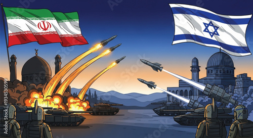 Military confrontation between Iran and Israel with missile attacks and tanks under their national flags at dusk showing intense conflict