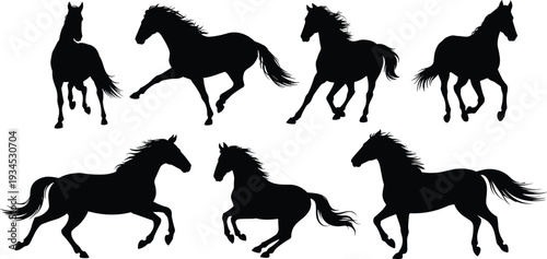 Running horse silhouettes set isolated on white background, black vector illustration of galloping stallions in dynamic motion poses collection