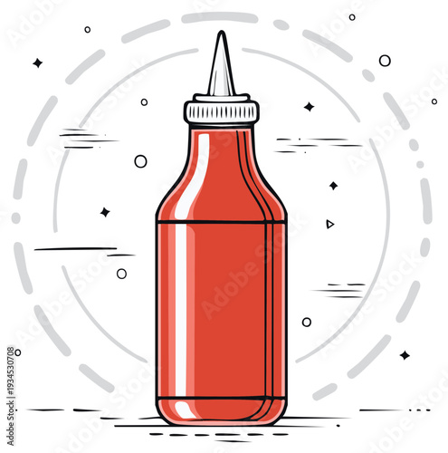 Red sauce bottle with nozzle dispenser, food flavoring, condiment, kitchenware, cooking, container. Hand drawn vector