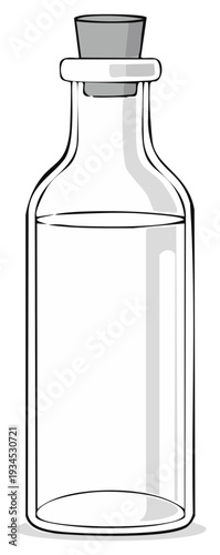 Clear glass bottle with cork stopper filled with clear liquid