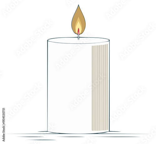 A vibrant illustration of a lit white pillar candle casting a warm glowing flame