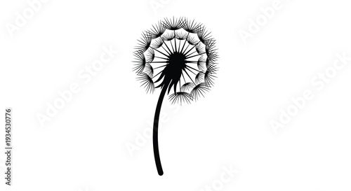 A striking black and white illustration depicts a dandelion seed head with a slender stem presented as a silhouette