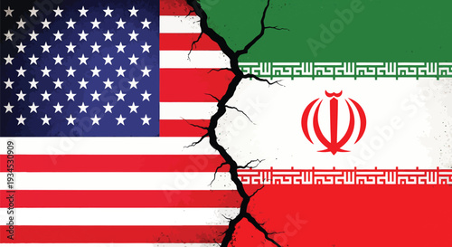 American and iranian flags are separated by a crack representing the current geopolitical conflict and diplomatic challenges