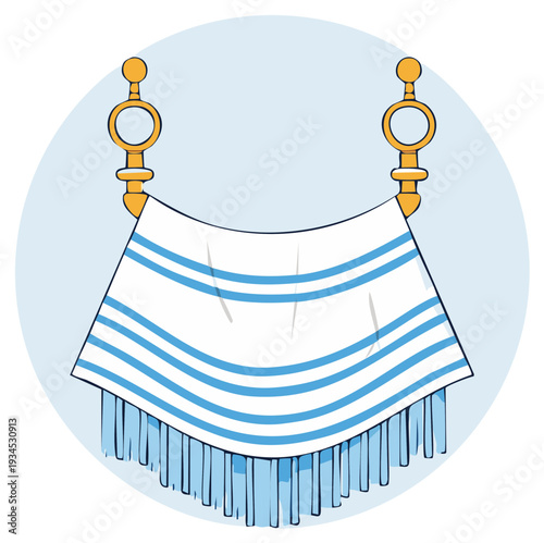Hand drawn illustration of a fringed prayer shawl with blue stripes hanging from gold rings