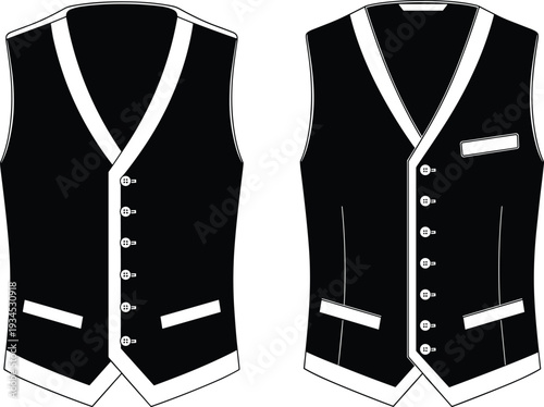 Men’s formal vest fashion flat sketch, V-neck design with buttons, pocket details, tailoring apparel illustration, clothing pattern technical drawing
