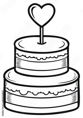 Two tiered cake with heart topper outline art illustration, simple design, cake frosting, sweetness for party events