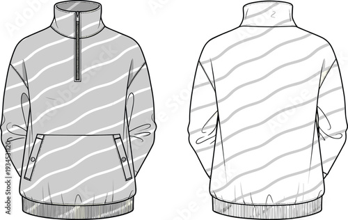 Quarter zip sweatshirt, fashion illustration, technical garment sketch, pullover design vector, apparel flat drawing, stylish sportswear, kangaroo pocket, stripe pattern