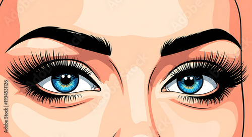 A close-up illustration of a woman's blue eyes with long eyelashes and thick eyebrows