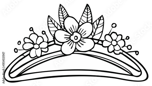 Hand drawn outline of a delicate floral tiara with leaves and blossoms for children's crafts or princess themes