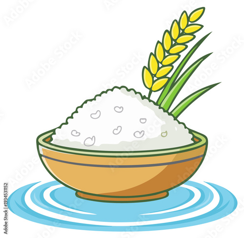 Bowl full of rice with paddy plant in cartoon style served on water, food illustration