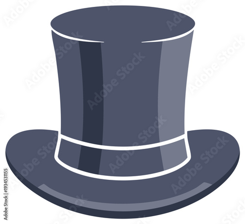 Classic dark gray top hat with a white band and a wide brim isolated on white