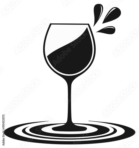 Black and white illustration of a wine glass with red wine splashing out and concentric circles on a plain background