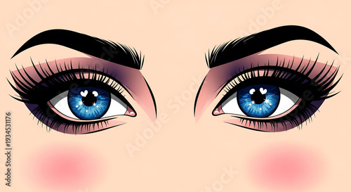 A vibrant illustration of a woman's blue eyes with long eyelashes and thick eyebrows
