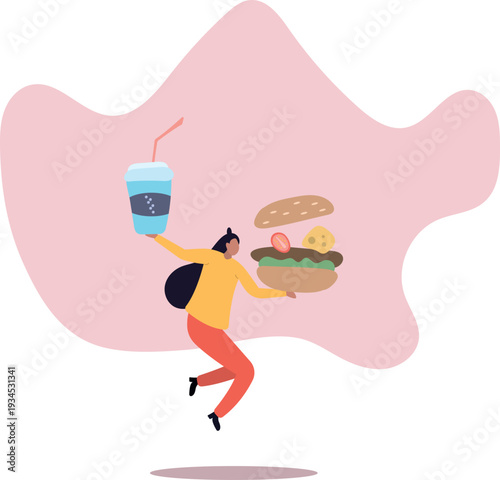 Female Character Holding Burger and Soda in Flat Style.