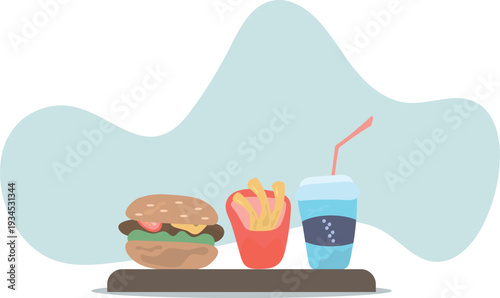 Cheeseburger, French Fries and Soda on Wooden Tray Vector Illustration.