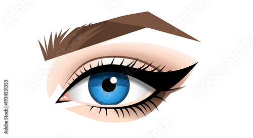 A detailed illustration of a woman's eye with blue iris and black eyeliner