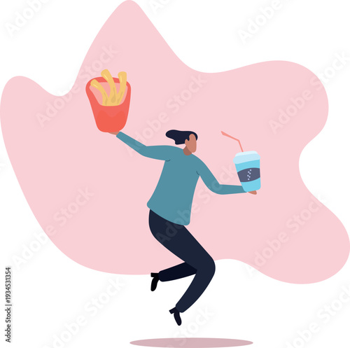Male Character Holding French Fries and Cola in Flat Style