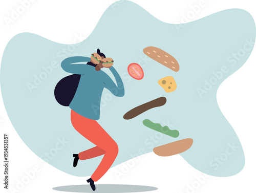 Female character and burger ingredients. Fast food concept.