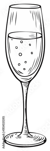 Sketch of a flute glass filled with sparkling champagne with bubbles