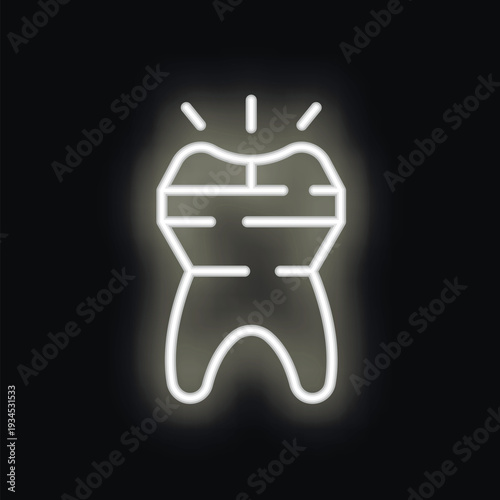 White neon icon of a tooth suffering from tooth sensitivity showing exposed dentin glowing on black background
