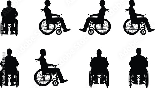 Wheelchair silhouette, accessibility vector, mobility aid illustration, disability support graphic, inclusive design icon, healthcare art, rehabilitation concept, black silhouette figure