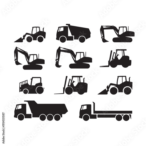 Set of black construction vehicles icons vector illustration, loader and dump truck, excavator and forklift, digger and heavy machinery, transportation