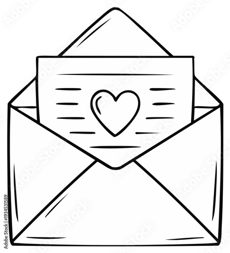 Hand drawn illustration of an open envelope containing a letter with a heart symbol and lines of text conveying love or affection
