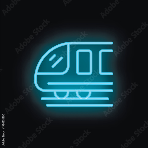 Blue neon icon of a modern train moving fast on a black background