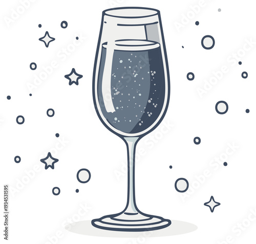 Sparkling champagne flute filled with bubbly drink surrounded by celebratory stars and dots