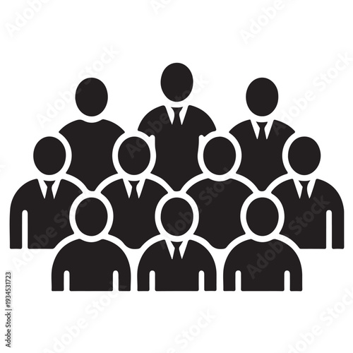 Black silhouette icon representing group of people gathered together in professional attire suggesting teamwork business meeting or community gathering on transparent background