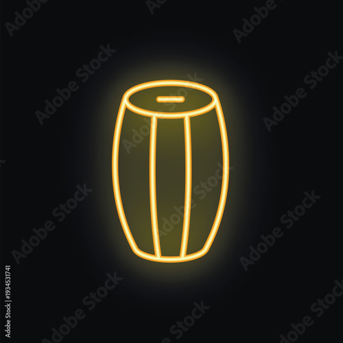 Neon sign representing a wooden barrel, glowing yellow on a black background