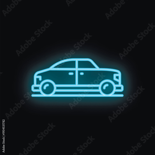 Blue neon sign showing a sedan car on a black background