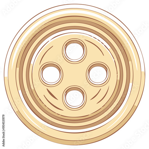 Close-up of a Golden Four-Hole Sewing Button, Cartoon Drawing Style, Garment Component