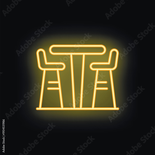 Glowing neon sign showing a bar table and stools on a black background