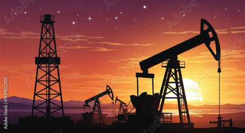 Oil rigs and derricks silhouetted against a dramatic sunset sky, depicting petroleum extraction and global energy reliance